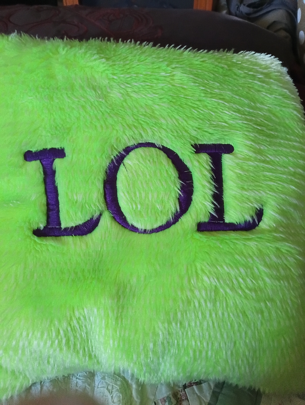 Bright Lime Green Plush Pillow with 'LOL' Embroidery